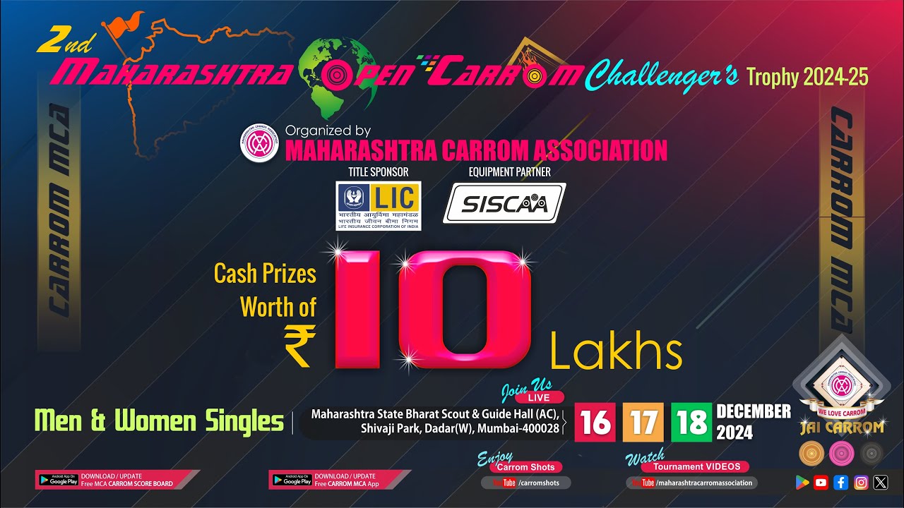 MCA Live Carrom - QF- 3rd SET : Zaid Farooquee (Maha) vs Sandeep Deorukhkar (Maha)  | 2nd MOCCT