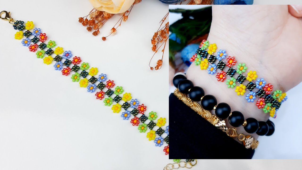 Kum Boncuktan Kolay Çiçekli Bileklik Yapımı. Beading Flower Bracelet Making.