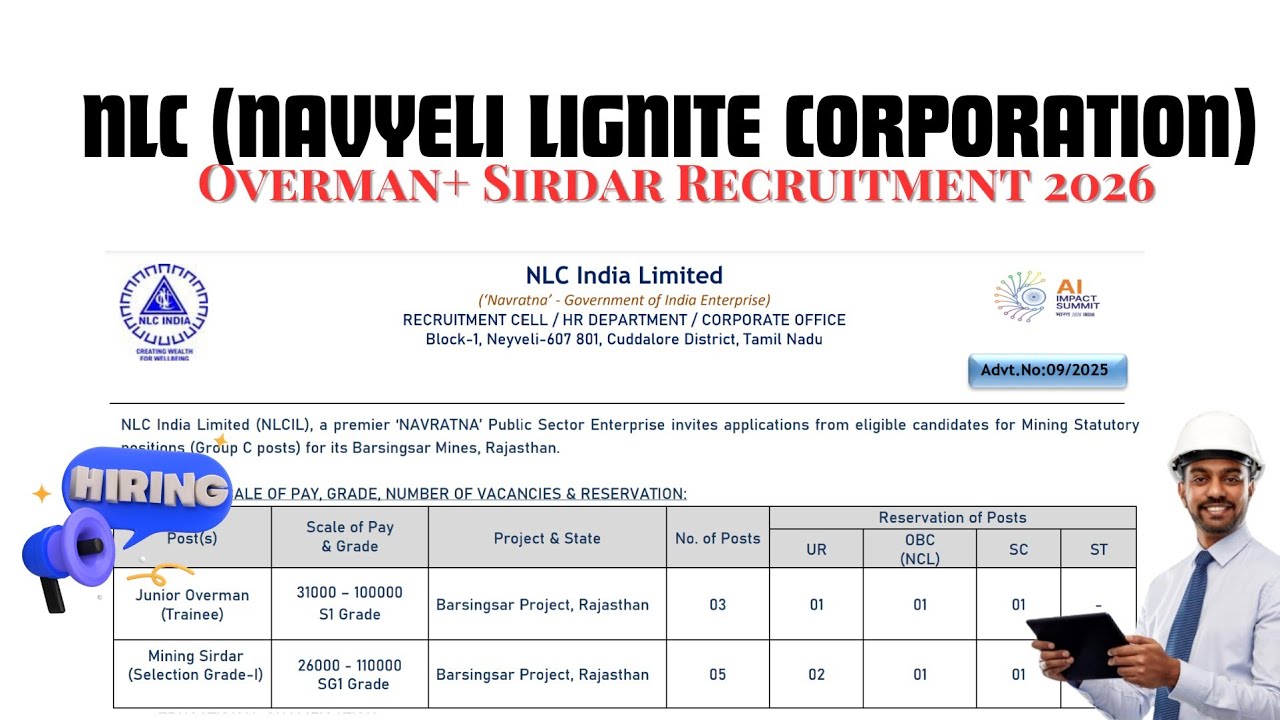 NLC India Limited Recruitment 2026 | Junior Overman & Mining Sirdar Vacancy 