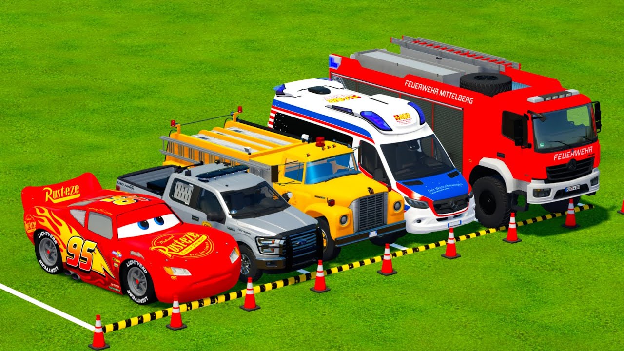 TRANSPORTING PIXAR CARS & FRUITS WITH COLORED & JOHN DEERE vs CLAAS vs TRACTORS - BeamNG.drive #962