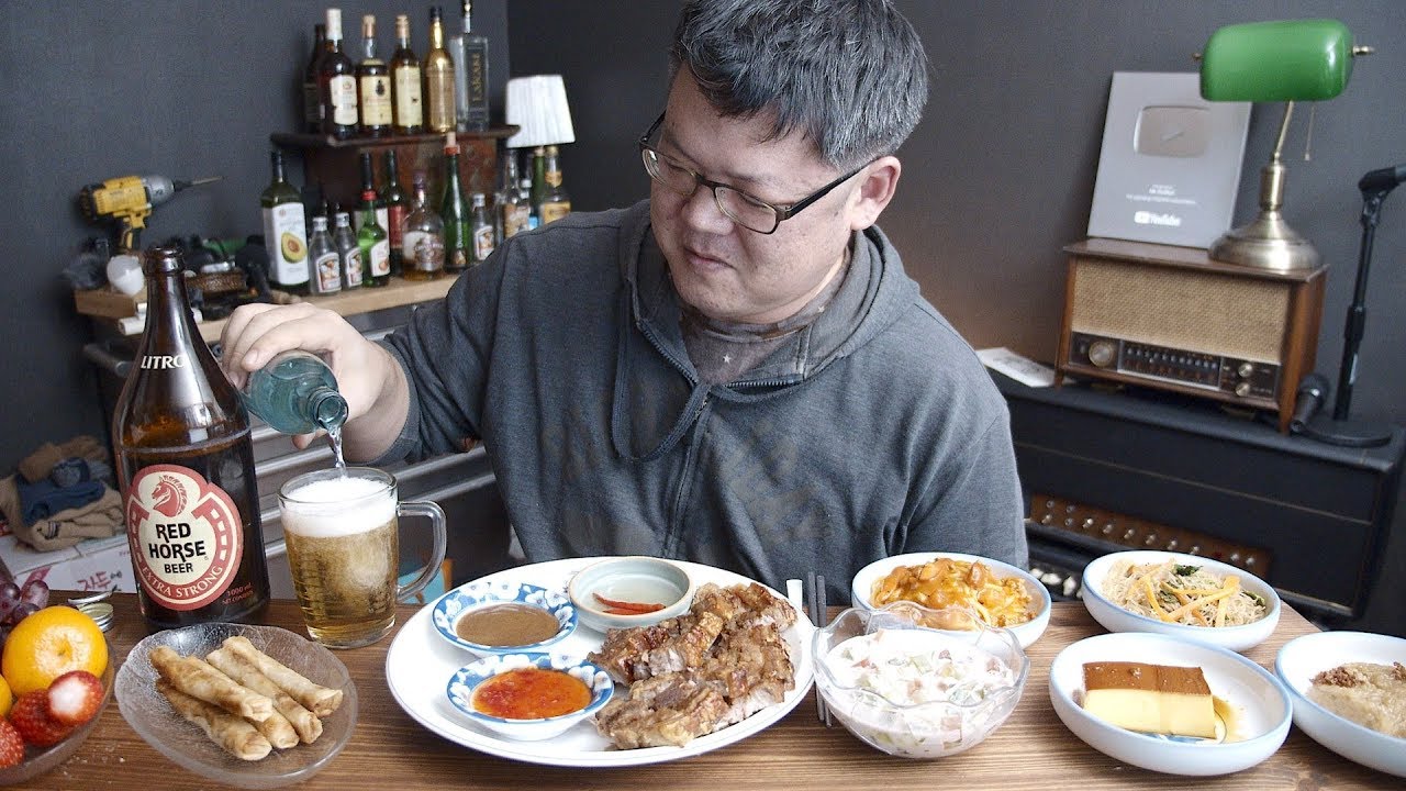 Filipino new year food with RED HORSE + SOJU + FUNDADOR + TANDUAY MIX