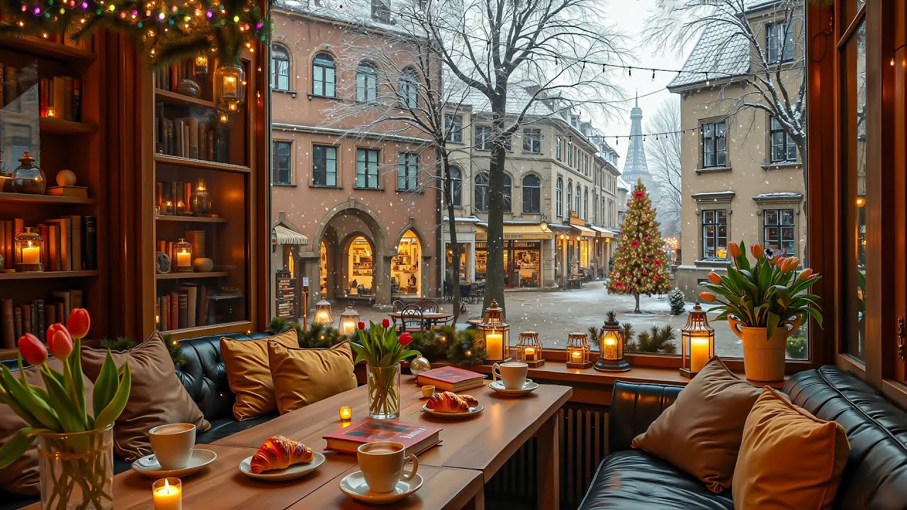 Calming Winter Coffeehouse Ambience ✨☕ Warm Jazz & Snowy Window for Relaxing, Study & Unwind