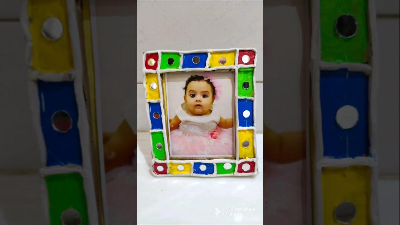 Diy clay & mirror photo frame/handmade photo frame using clay, mirror & cardboard.. cardboard craft.