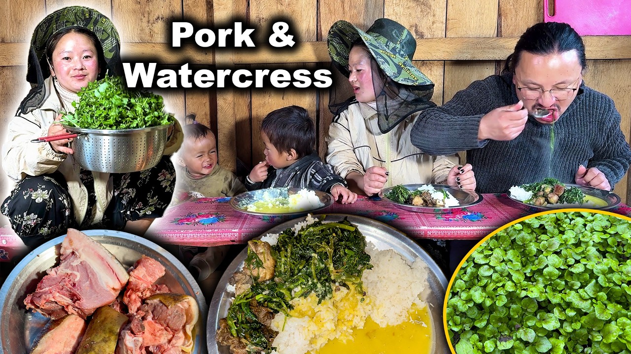 Watercress (SIM RAYO) & Pork recipe with rice cooking and eating सुङ्गुर को मासु र सिमसाग को तरकारी