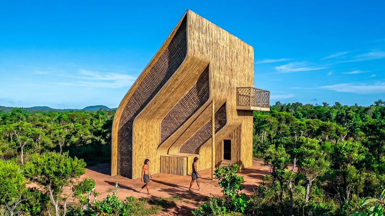 Two Builderman Building Luxury Bamboo Villa House with Primitive Tools in Deep Forest Just 180 Days