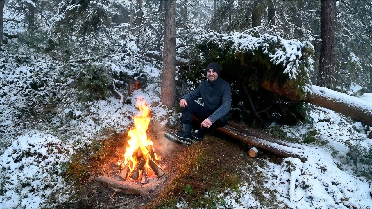 Solo Winter Camping in -5°C — Bushcraft Shelter & Outdoor Cooking by Fire