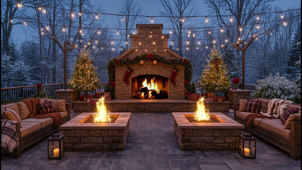 🔥 Cozy Outdoor Fireplace Ambience | Winter Snowfall, Crackling Fire & Warm Christmas Lights