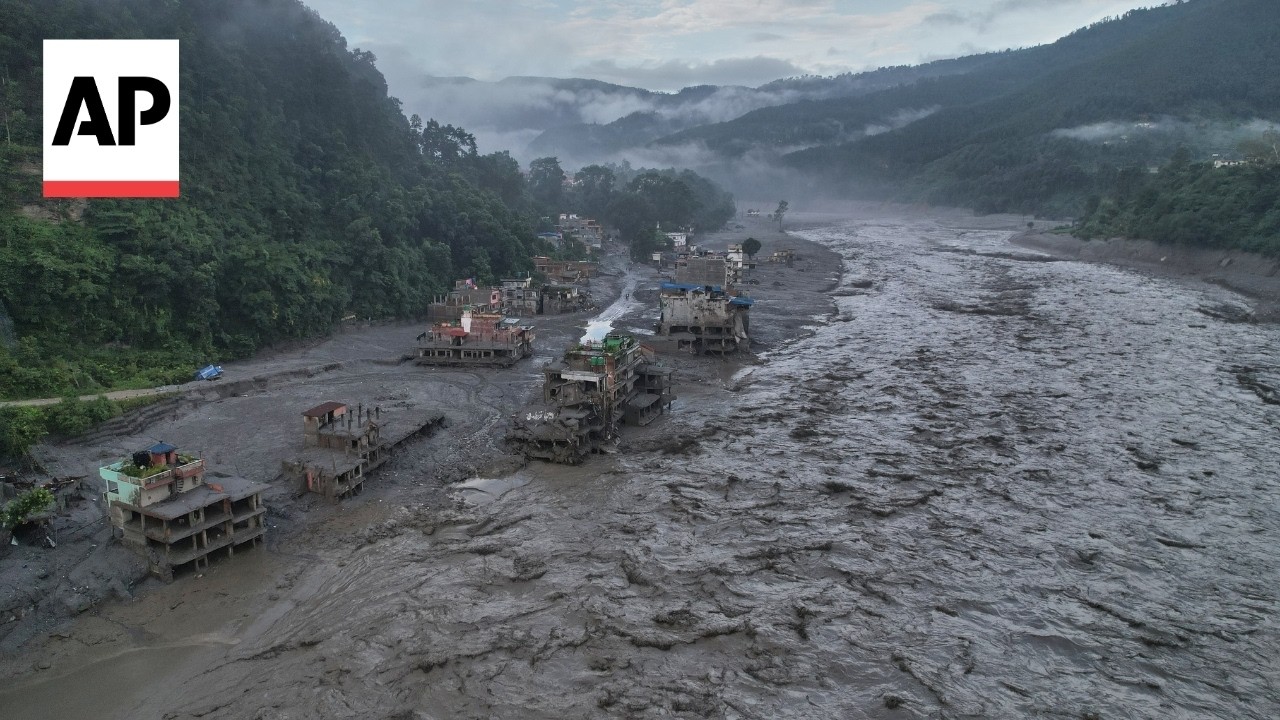 Aerial video shows the impact of deadly floods in Nepal