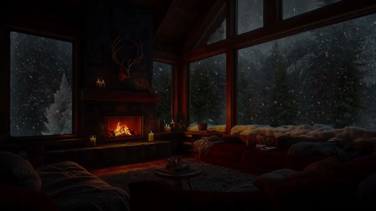 Cozy Winter Cabin in the Snow with Crackling Fire Sounds for Insomnia Relief and Deep Rest