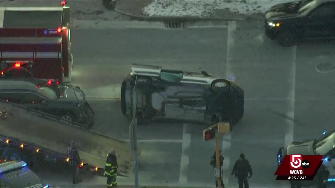 MBTA 'The Ride' van lands on side after crash