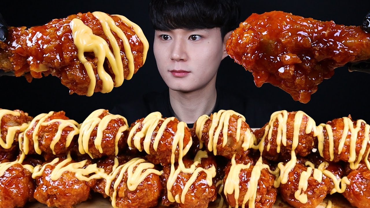 나쵸 치즈 양념 치킨 먹방ASMR MUKBANG SWEET FRIED CHICKEN & NACHO CHEESE 甘いチキン チーズ Gà Ayam ไก่ eating sounds