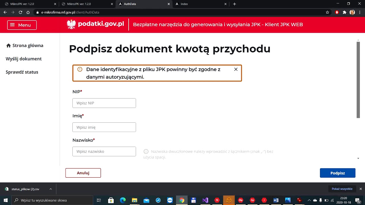 Wysyłka JPK VAT i JPK VDEK dla mikrofirmy podpisana przychodem  Klient JPK WEB