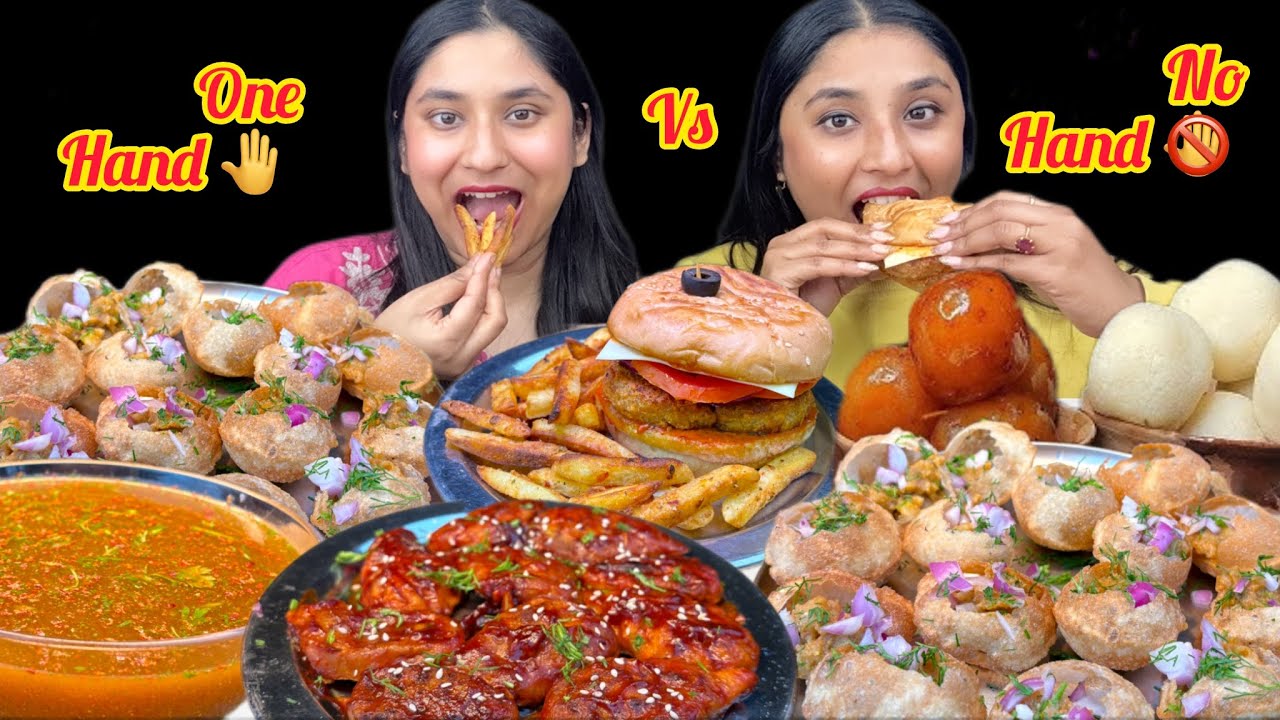 One Hand Vs No Hand Panipuri,Burger,French Fries,Fried Momos,Sweets and Samosa Eating Challenge 