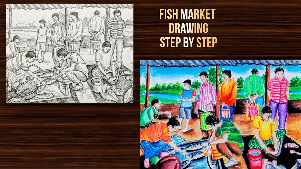 How to draw a fish market step by step |Market scenery drawing step by step| মাছ বাজারের দৃশ্য আঁকা