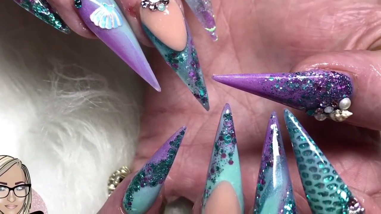 Mermaid Pt2 ~ mermaid acrylic nails ~ netted nails ~ angel paper ~ marble nails ~ sea shells