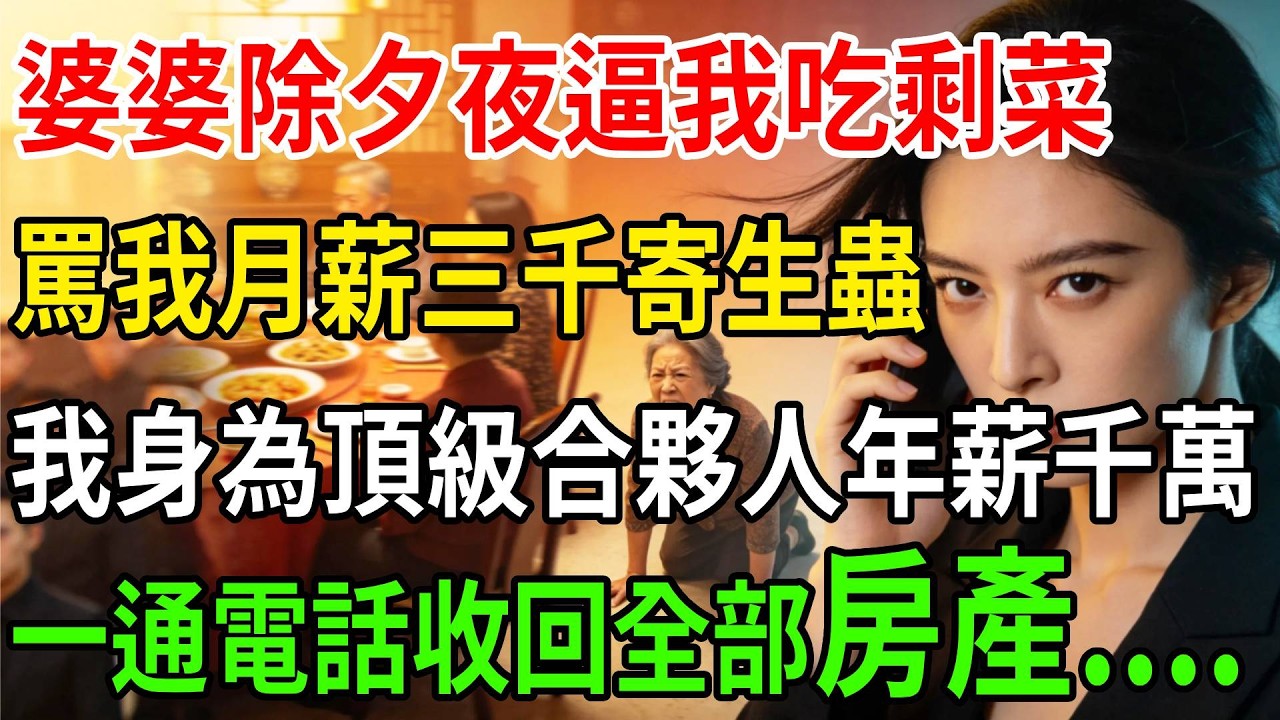 婆婆除夕夜逼我吃剩菜，罵我是「月薪三千」的寄生蟲，她不知道我身為頂級合夥人年薪千萬，”我微笑撥通電話，“大小姐，是否全部收回房產？#一帆說故事 #為人處世 #生活經驗 #情感 #故事 #彩礼#深夜淺讀