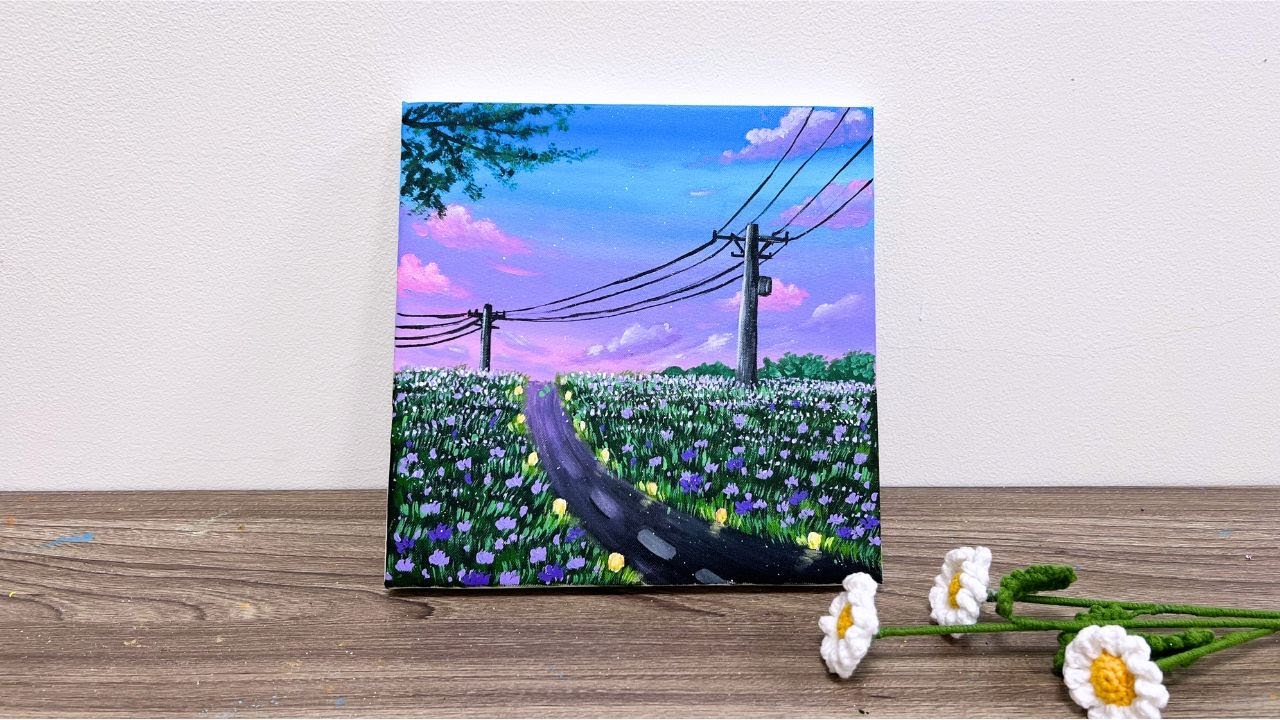 Purple Sunset Road | Acrylic painting for beginners step by step | Paint9 Art