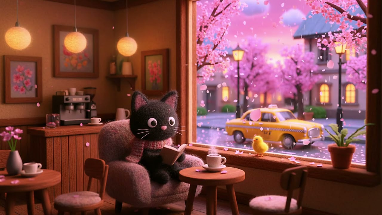 Cozy Rainy Night Cafe Lofi ☕ Black Cat by the Window | Cherry Blossom Ambience & Chill Beats 🌸