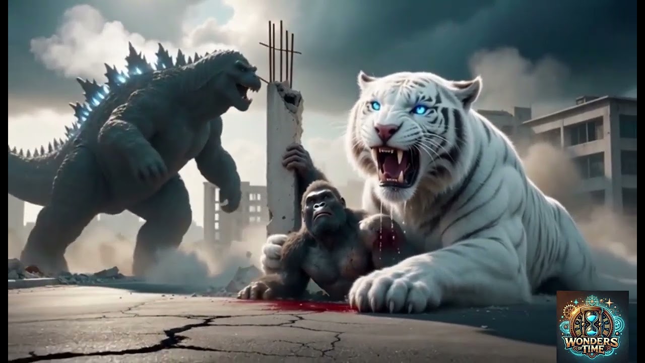 “Godzilla and King Kong Unite Against the White Tiger Titan  Epic 3D Cinematic Battle Story