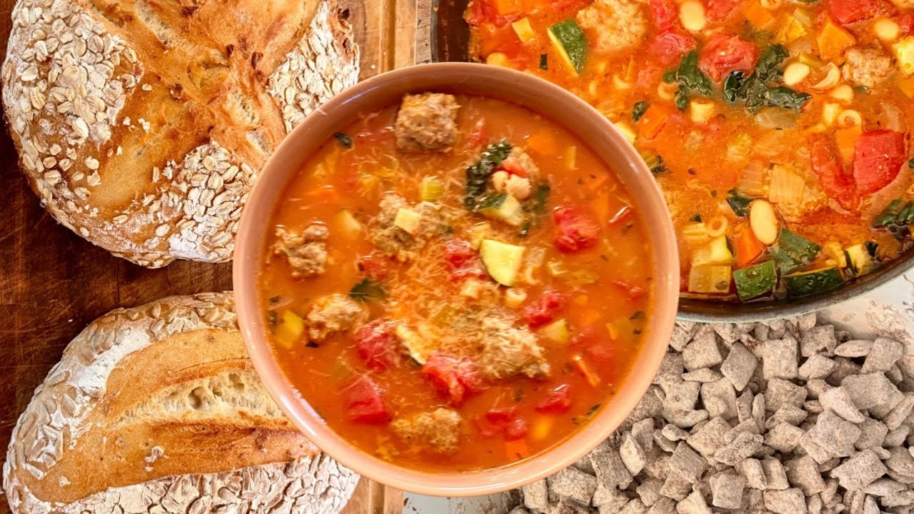 Minestrone Soup Recipe with Mini Meatballs & Two Artisan Sourdough Breads | Easy Homemade Tutorial