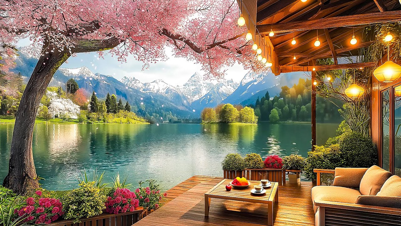 Happy Spring Morning in Outdoor Coffee Shop Ambience ☕ Relaxing Piano Jazz Music for Stress Relief