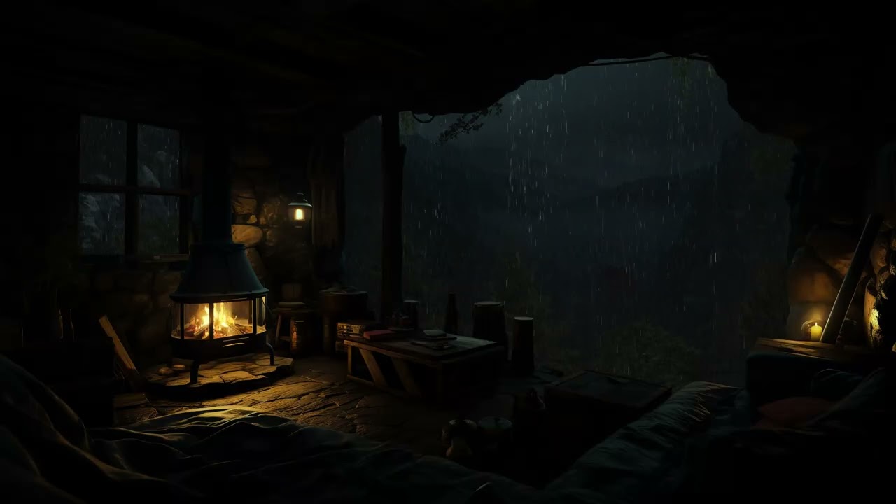 Cave Rain Sounds with Thunder | Relaxing Fireplace Ambience to Calm and Get Rest