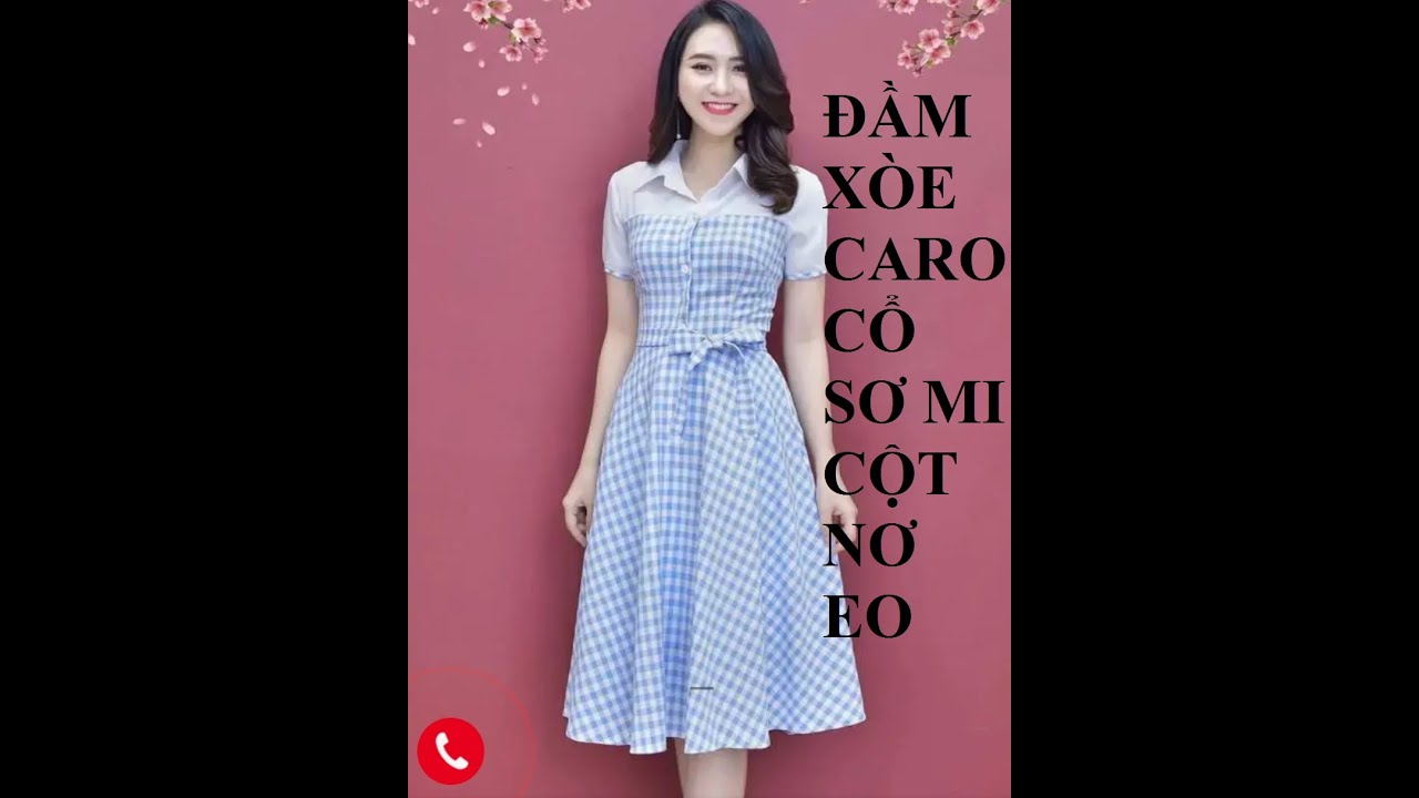Đầm xèo caro cổ sơ mi cột nơ eo | Đầm xòe | B81 | Phương Đàowww