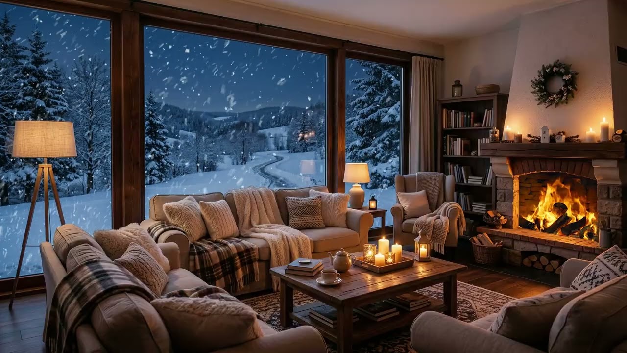 Cozy Living Room Fireplace Glowing Warmly While Snow Falls Gently Beyond Frosted Window