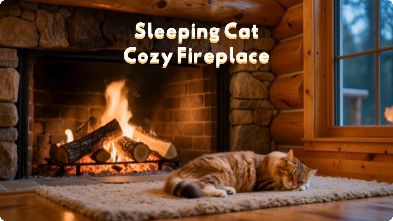 Sleeping Cat by Fireplace 🔥 Cozy Cabin Ambience for Relaxation