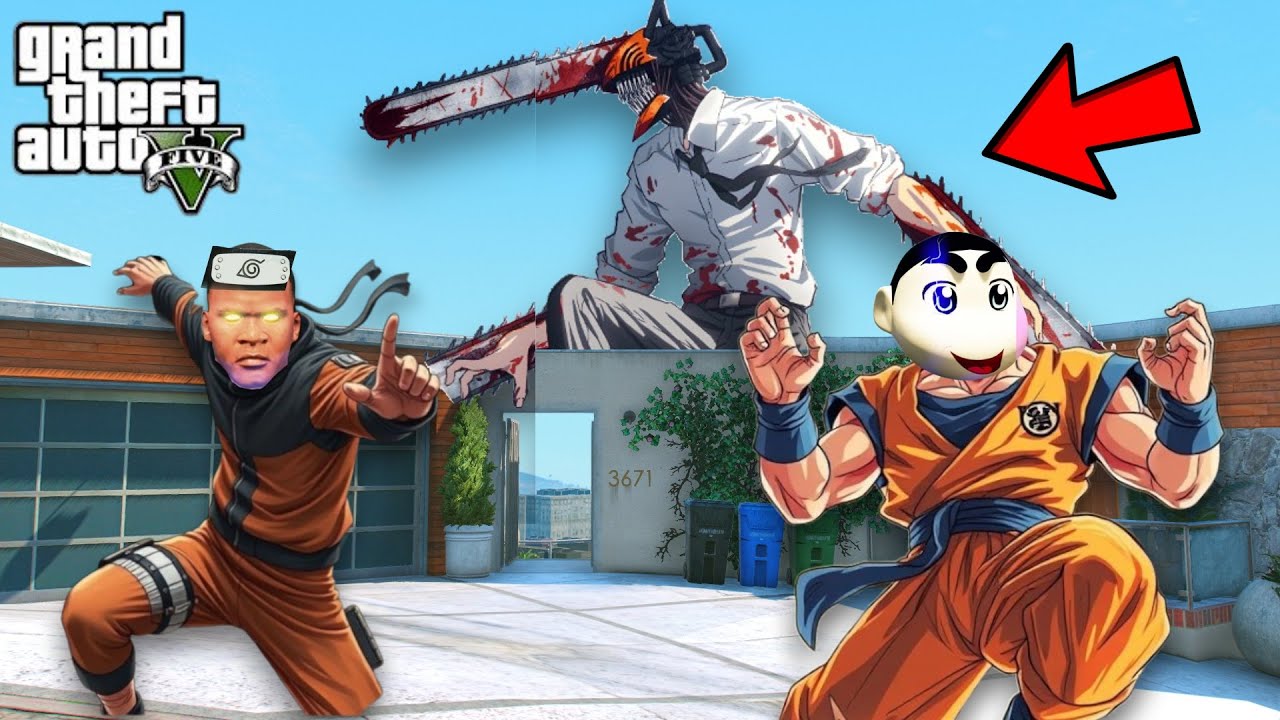 GTA 5 : Franklin Become Naruto and Shinchan Become Goku To Fight Chainsaw Man In GTA 5 !