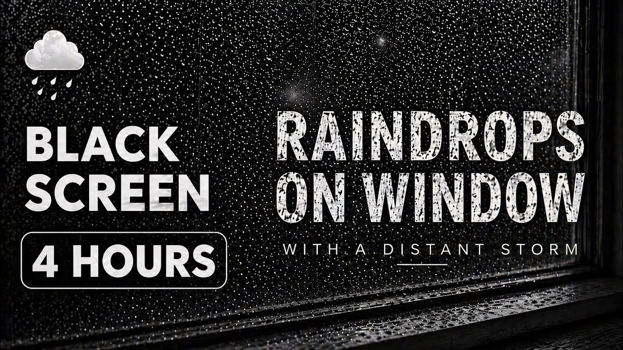 Raindrops on Window - with a Distant Storm | 4 Hours Rain Ambience | Black Screen