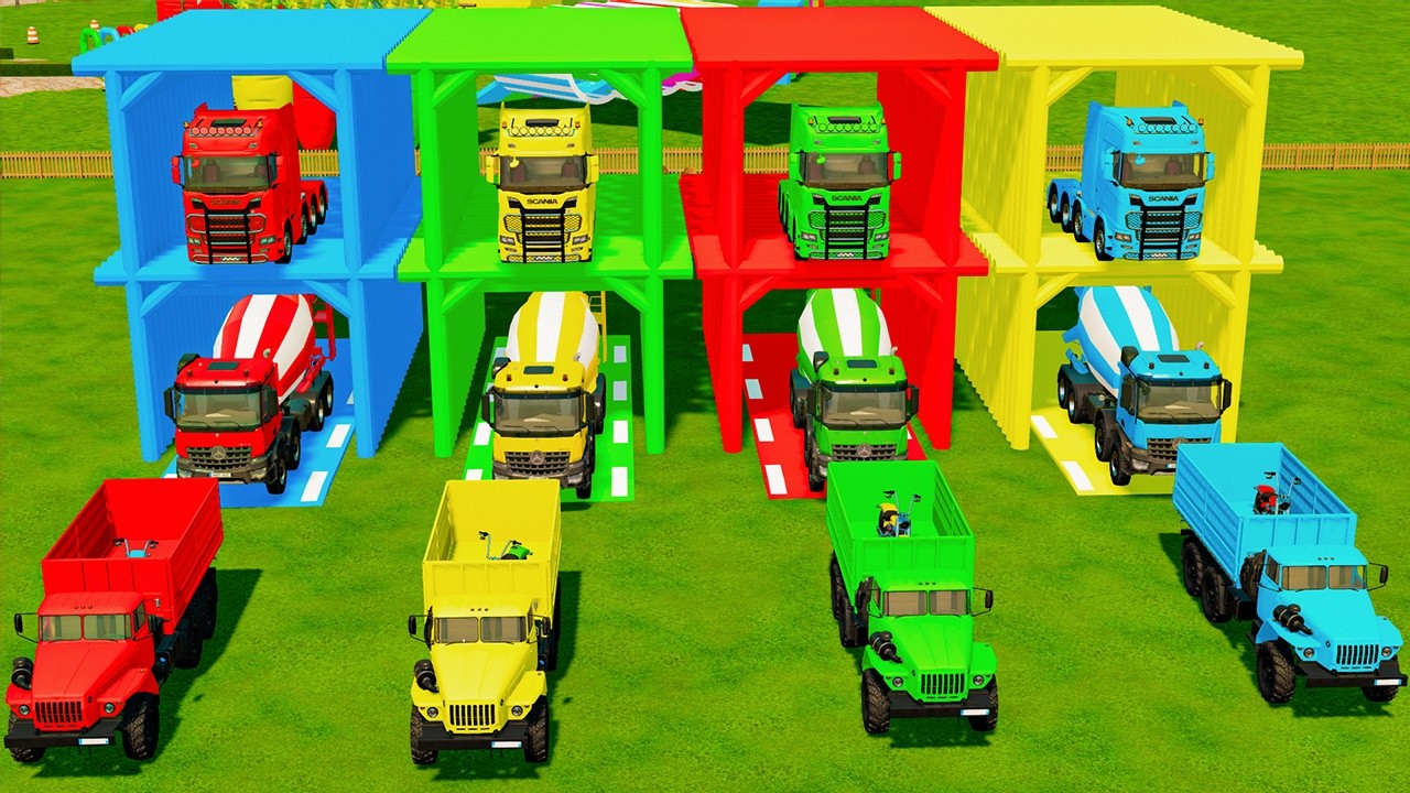 3Mixer Truck with Color - TRANSPORTING MIXER TRUCK and BOX TRUCK WITH FLATBED TRAILER, LIZARD, VOLVO