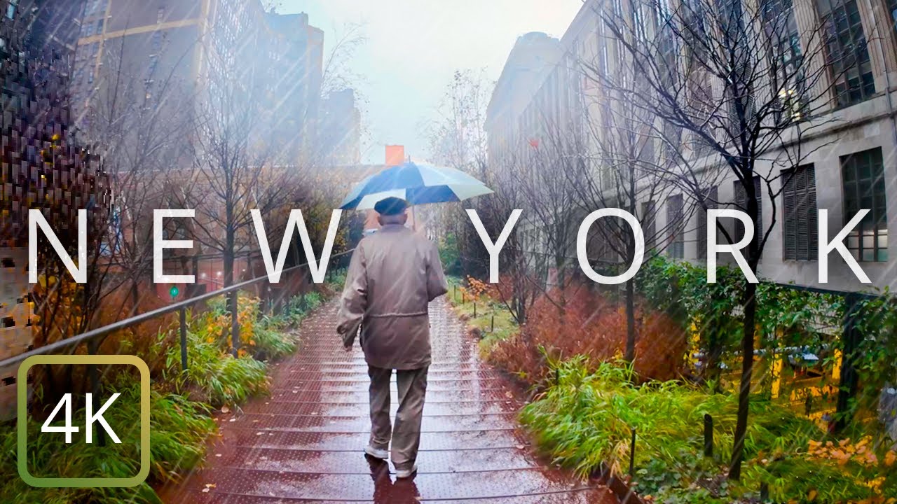 【4K】The High Line - Rainy Walk in New York City, USA