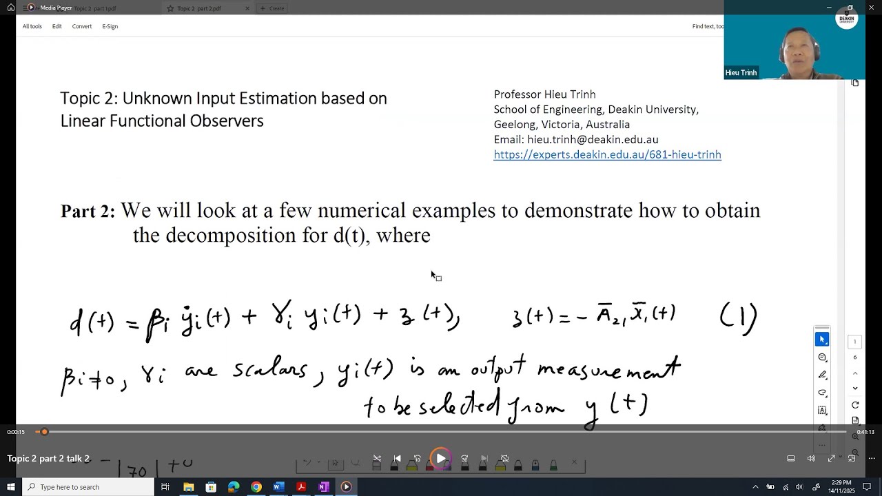Topic 2 (part 2 of 4): Unknown Input Estimation based on Linear Functional Observers