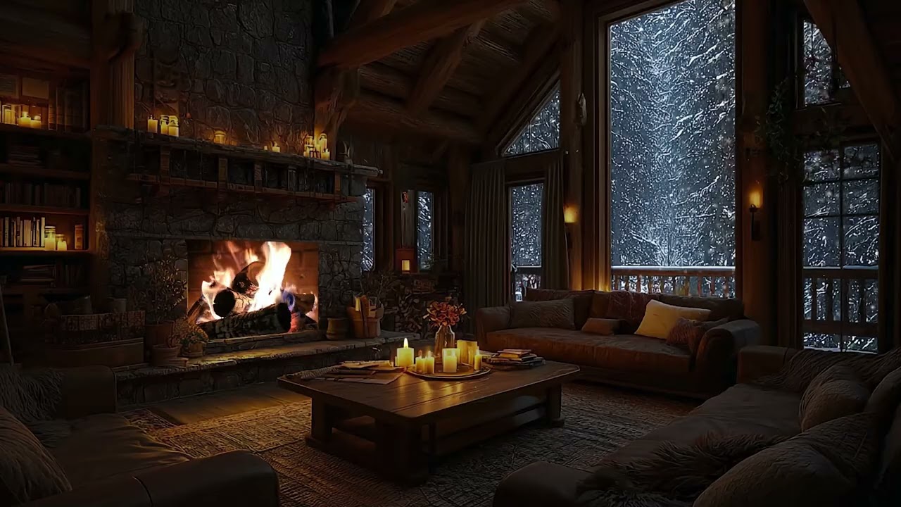 Warm Fireplace Ambience in Winter Night ❄️ Relaxing Fire Sounds (No Music)