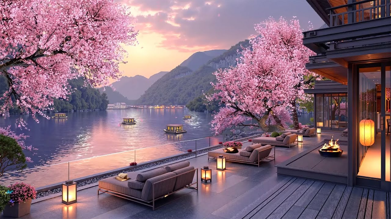Spring Serenity & Soothing Jazz | Lakeside Retreat Terrace with Coffee & Cherry Blossoms at Sunset🌸