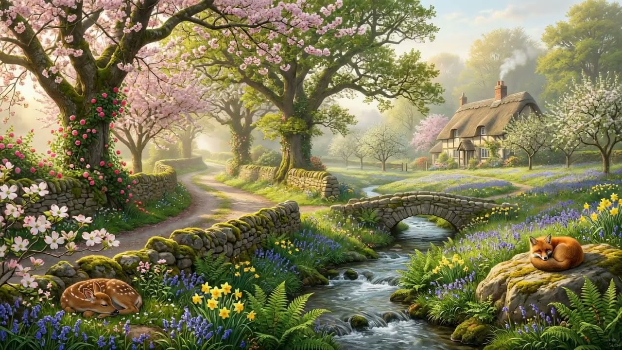 Peaceful Spring River 🌿🦌🦊 Sleeping Deer & Fox by a Cozy Cabin | 3+ Hours