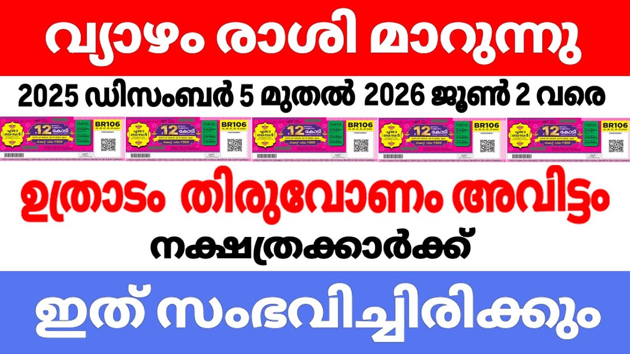 വ്യാഴം ഡിസംബര്‍ 5 ആം തീയതി  രാശിമാറുന്നു . ഉത്രാടം തിരുവോണം അവിട്ടം  നക്ഷത്രക്കാര്‍ക്ക് തൊഴില്‍ യോഗം