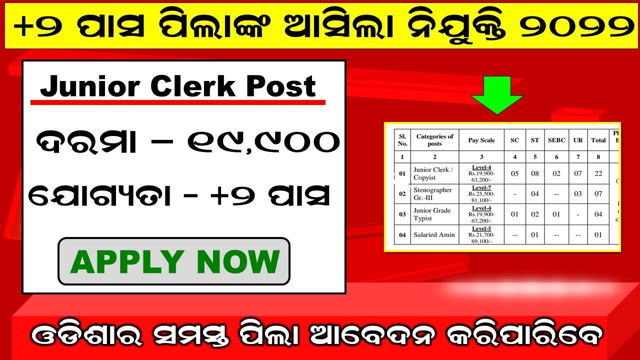 Odisha NewJob Update | Junior Clerk Vacancy | Plus Two Pass Jobs | New Job Notice 2022 Odisha