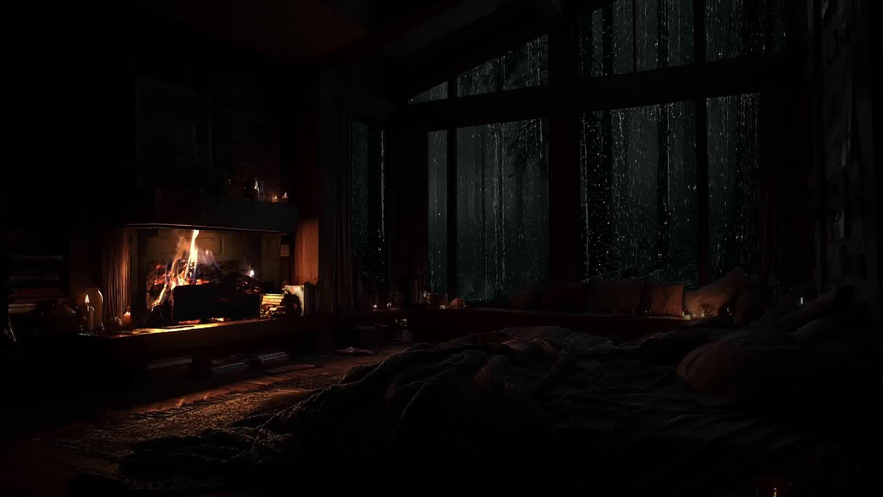 Inside a Quiet Forest Cabin While Gentle Rain Slowly Covers the Night Outside