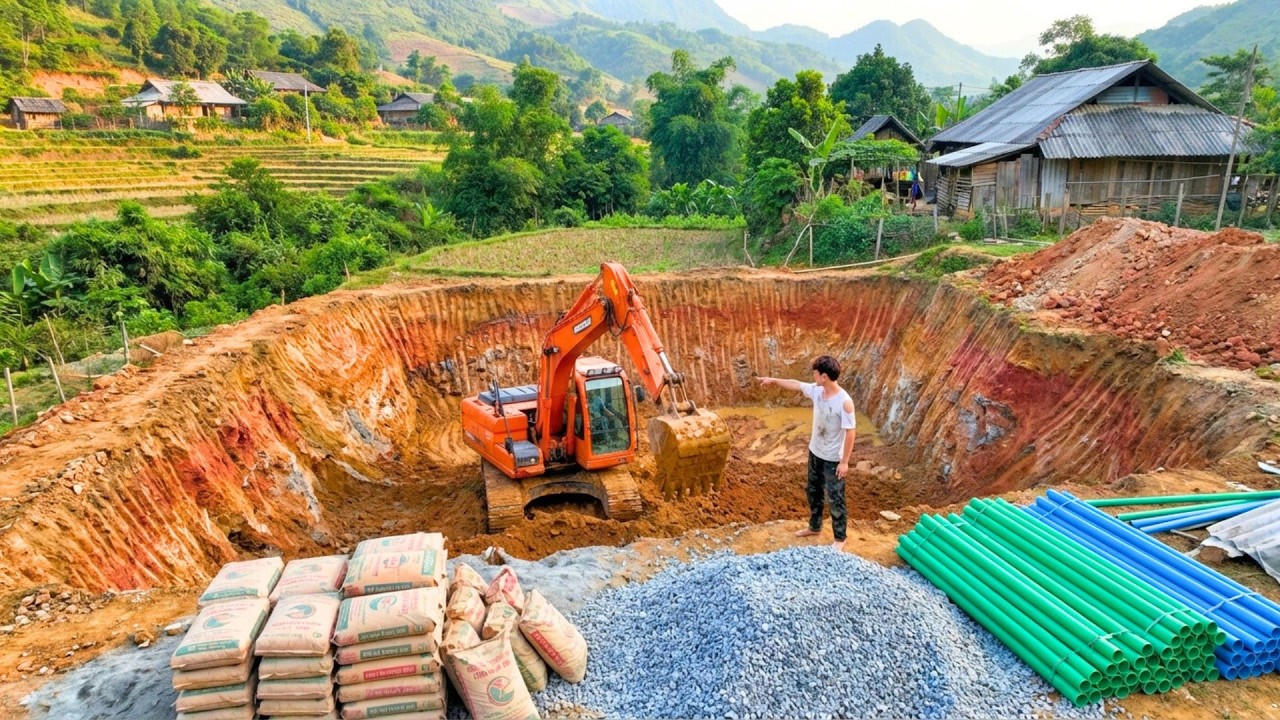 Building A Large Fish Pond Of Dozens Of Square Meters Using An Excavator For Fish Farming