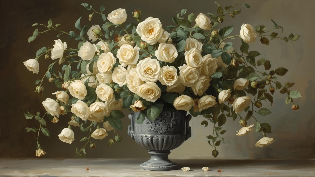 Elegant Cream Rose Still Floral Botanical Life Vintage Painting | Frame TV Art | 2-Hour Screensaver