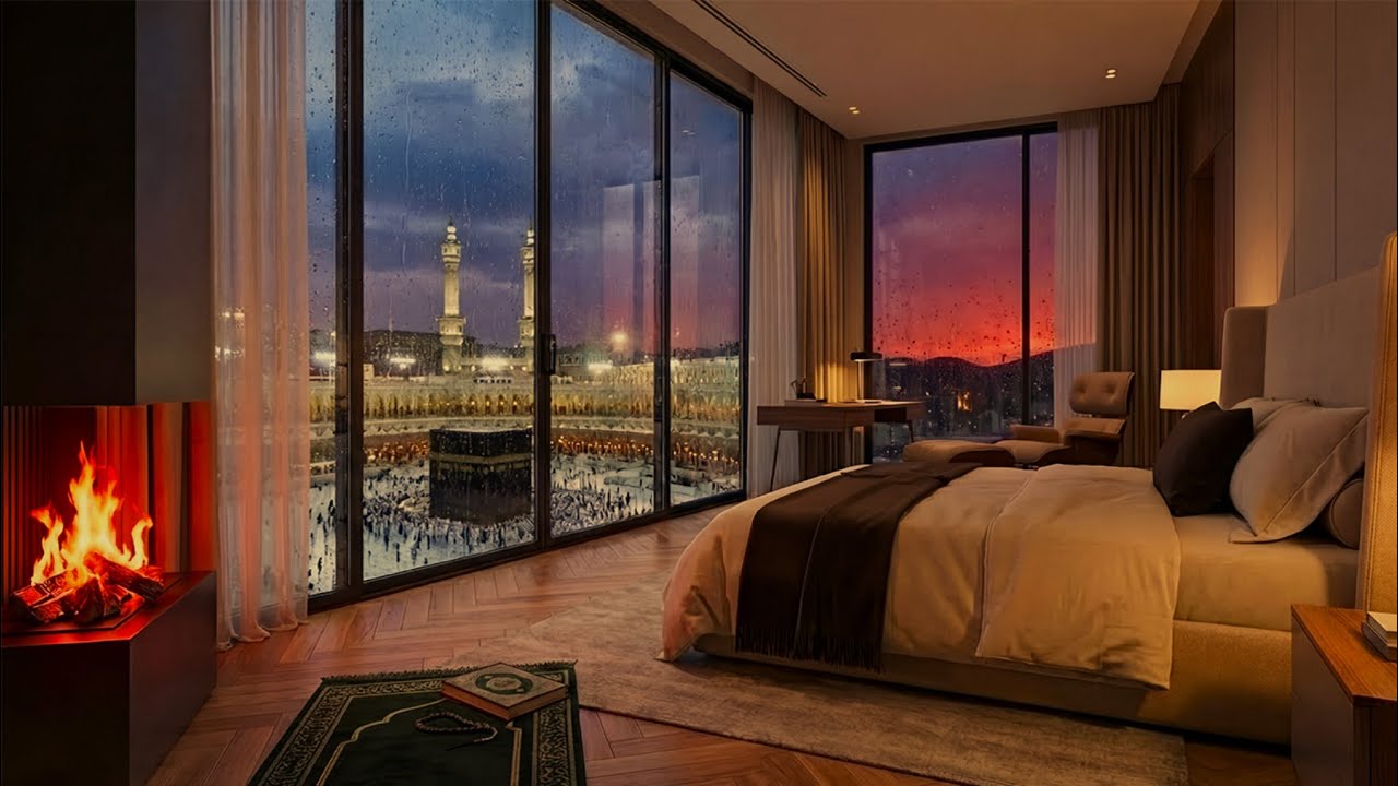 Quran Recitation | Surah Al-Kahf by syekh Ala Aqil | Relaxing Rain & Fireplace Ambience l Mecca