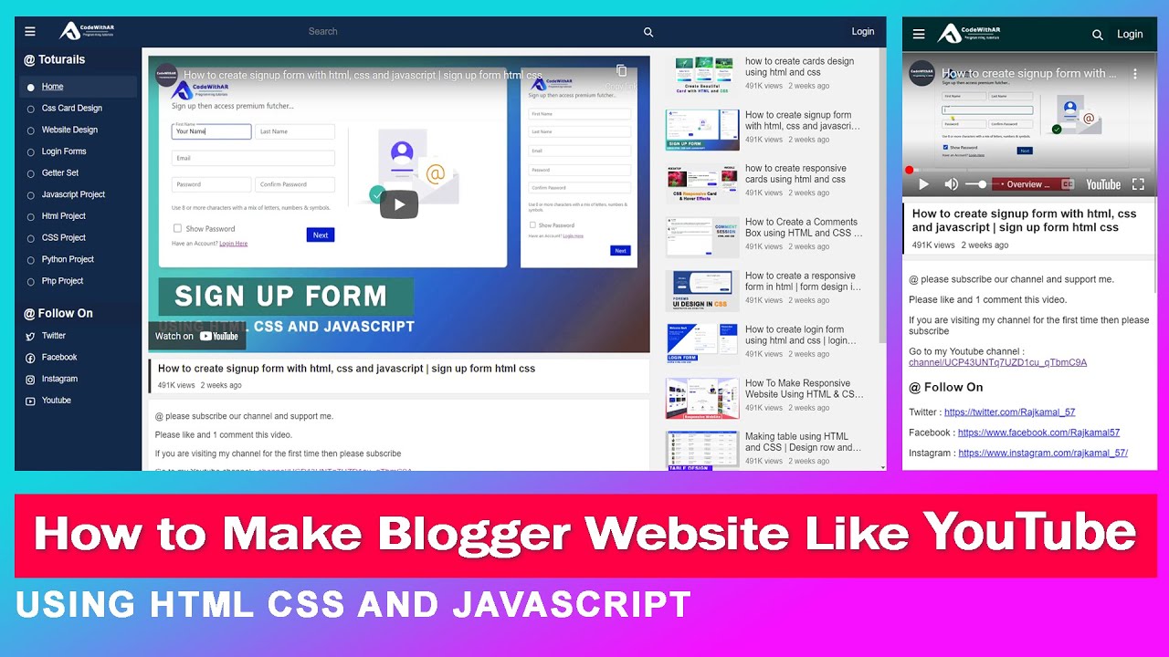 How To Create a Website Like YouTube Using HTML CSS and JavaScript on Blogger