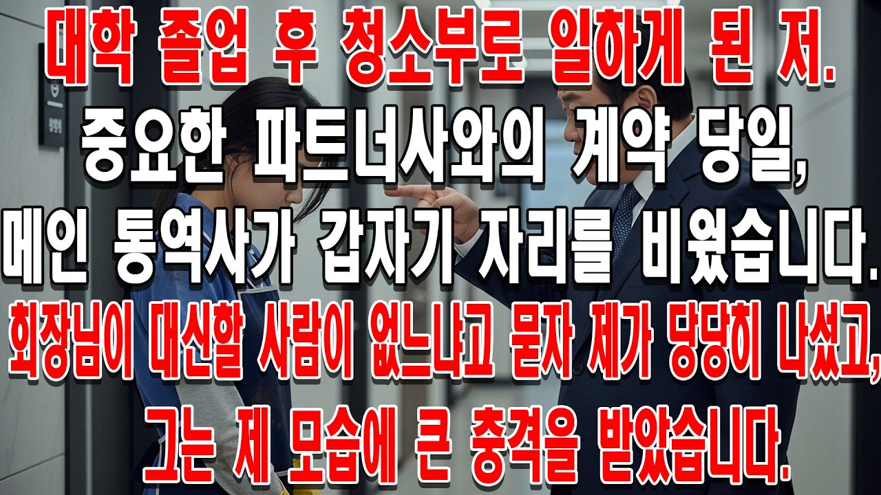 대학 졸업 후 청소부로 일하게 된 저.중요한 파트너사와의 계약 당일, 메인 통역사가 갑자기 자리를 비웠습니다.회장님이 대신할 사람이 없느냐고 묻자 제가 당당히 나섰고,그는 제 모습