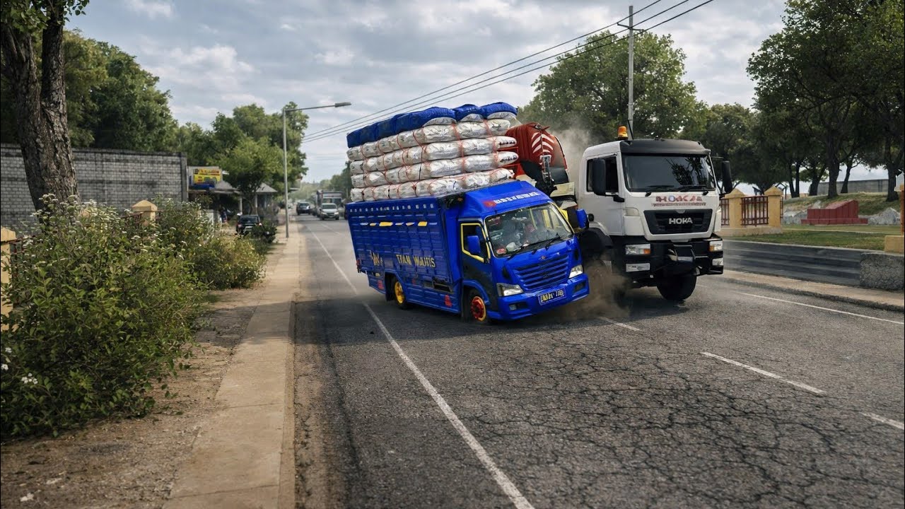 TRUK CANTER BERAS OLENG PARAH SAMPAI SENGGOL MOBIL TRAILER😱