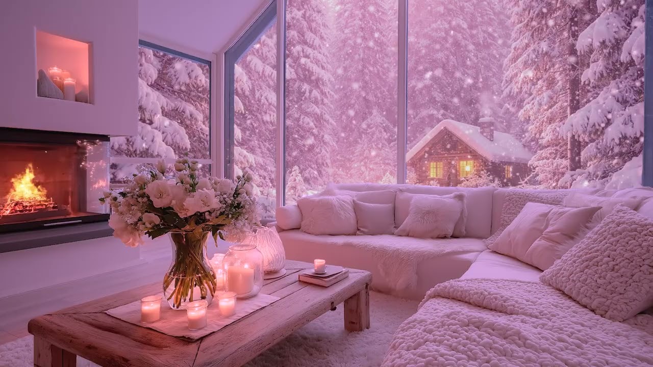 Warm Romantic Winter Ambience with Fireplace Crackles and Snow Falling Outside