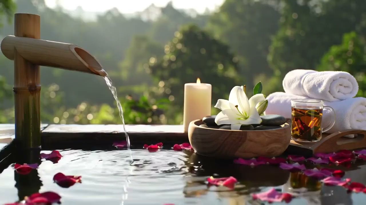 Zen Earth Harmony Bamboo Water Flow and Candle Glow with Ground Energy for Relaxation & Meditation