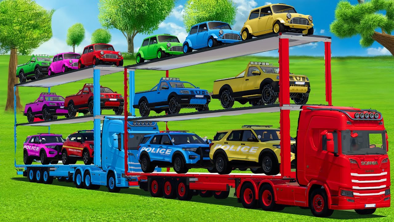 TRANSPORTING POLICE CARS, DACIA, VOLKSWAGEN & FIRE TRUCK WITH MAN TRUCKS - FS25