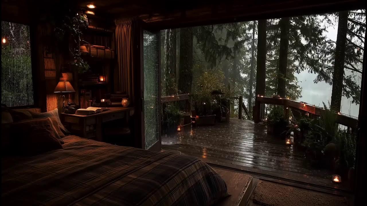 🔥 24/7 Cozy Cabin Rainstorm | Crackling Fireplace & Heavy Rain Sounds 🌧️